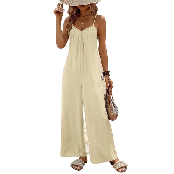 Jumpsuits for Women Casual V Neck Sleeveless Rompers with Pockets Summer Lightweight Dressy Wide Leg Overalls