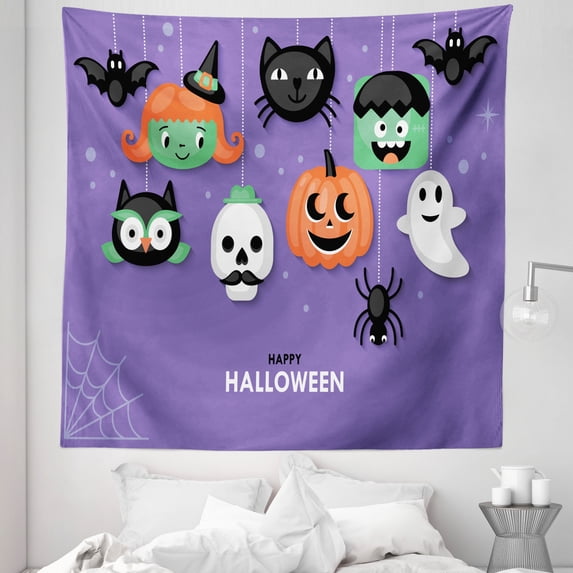 Ghost Tapestry, Funny Hanging Heads Happy Halloween Cartoon Creepy Illustration Print, Fabric Wall Hanging Decor for Bedroom Living Room Dorm, 5 Sizes, Blue Violet and Multicolor, by Ambesonne