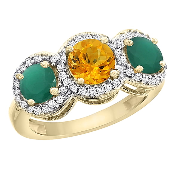 14K Yellow Gold Natural Citrine & Emerald Sides Round 3-stone Ring Diamond Accents, size 5.5