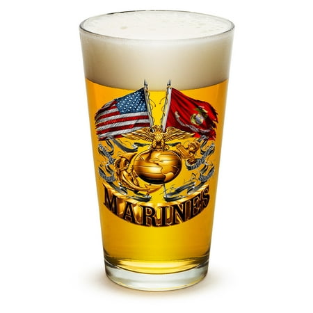 Pint Glasses – Marine Gifts for Men or Women – Double Flag Gold Globe - Marine Corps Beer Glassware – Beer Glass with Logo (16