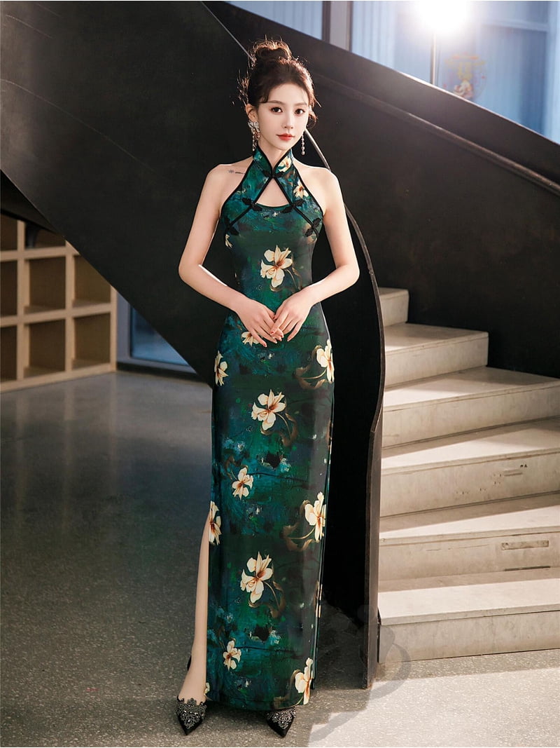 Qipao Dress Women's Green Vintage Floral