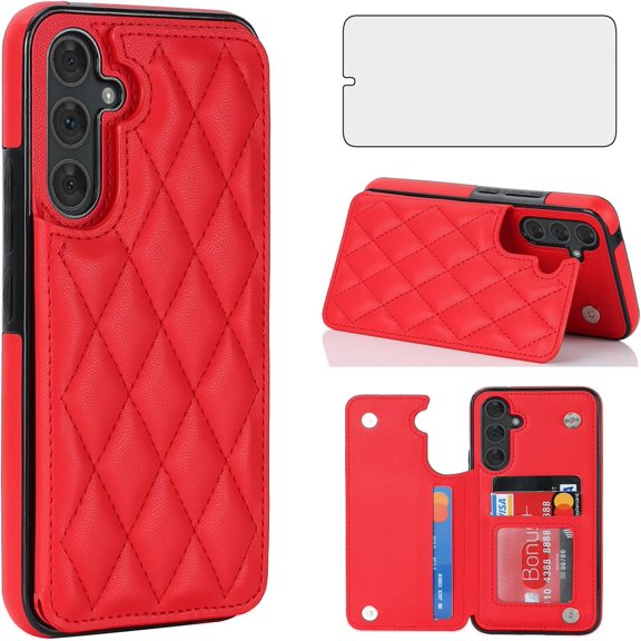 Phone Case for Samsung Galaxy A54 5G Wallet Cover with Tempered Glass Screen Protector and Leather RFID Credit Card Holder Stand Cell Accessories A545G A 54 54A 4G G5 SM A546U Women Men Red