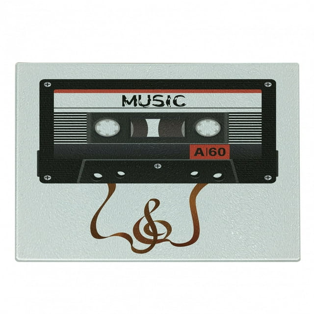 70s Party Cutting Board, Broken Analogue Audio Cassette Music Playing Record Vintage Technology, Decorative Tempered Glass Cutting and Serving Board, Small Size, Orange Caramel White, by Ambesonne