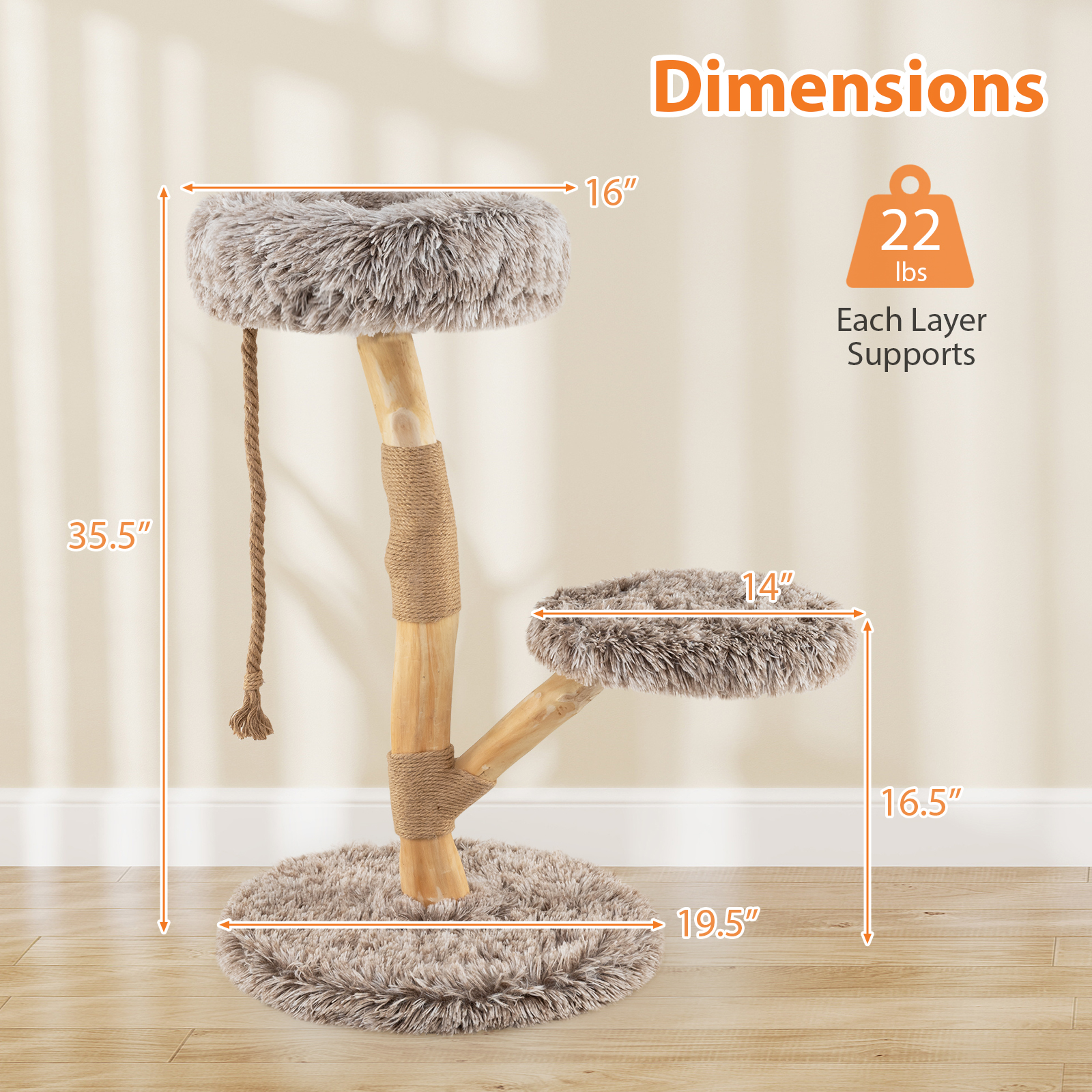Gymax Solid Wood Cat Tower Modern Cat Scratching Tree w/Luxurious Perch Teasing Rope