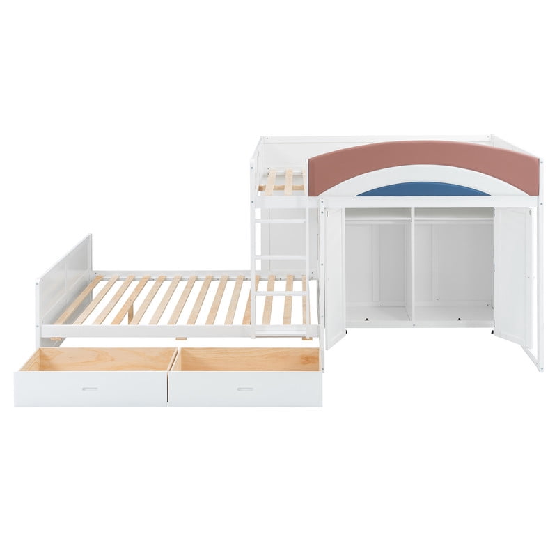 Full-Over-Full Size Offset Bunk Bed with Wardrobe & Built-in Hanging Rod, Storage Kids Bed Frame with 2 Drawers & Guardrail