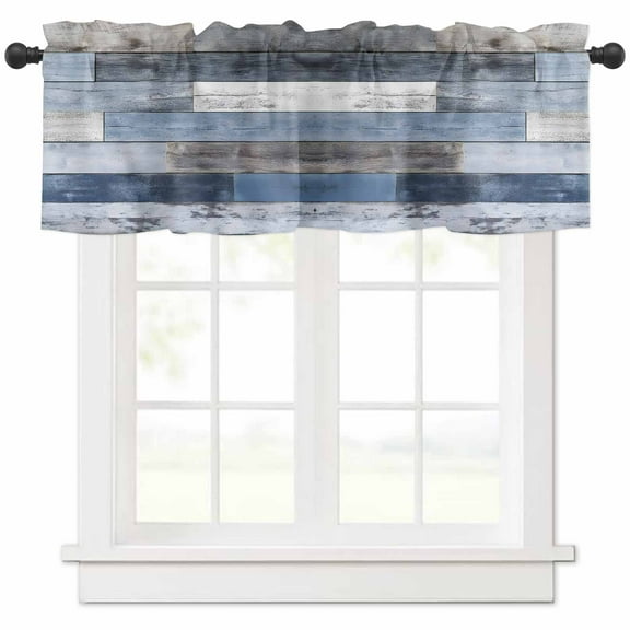 Hokiten Rod Pocket Curtain Valance, Blue Brown Farmhouse Farmhouse Window Valance for Living Room, Bedroom, Kitchen Vintage Wooden Country 42"W x 12"L