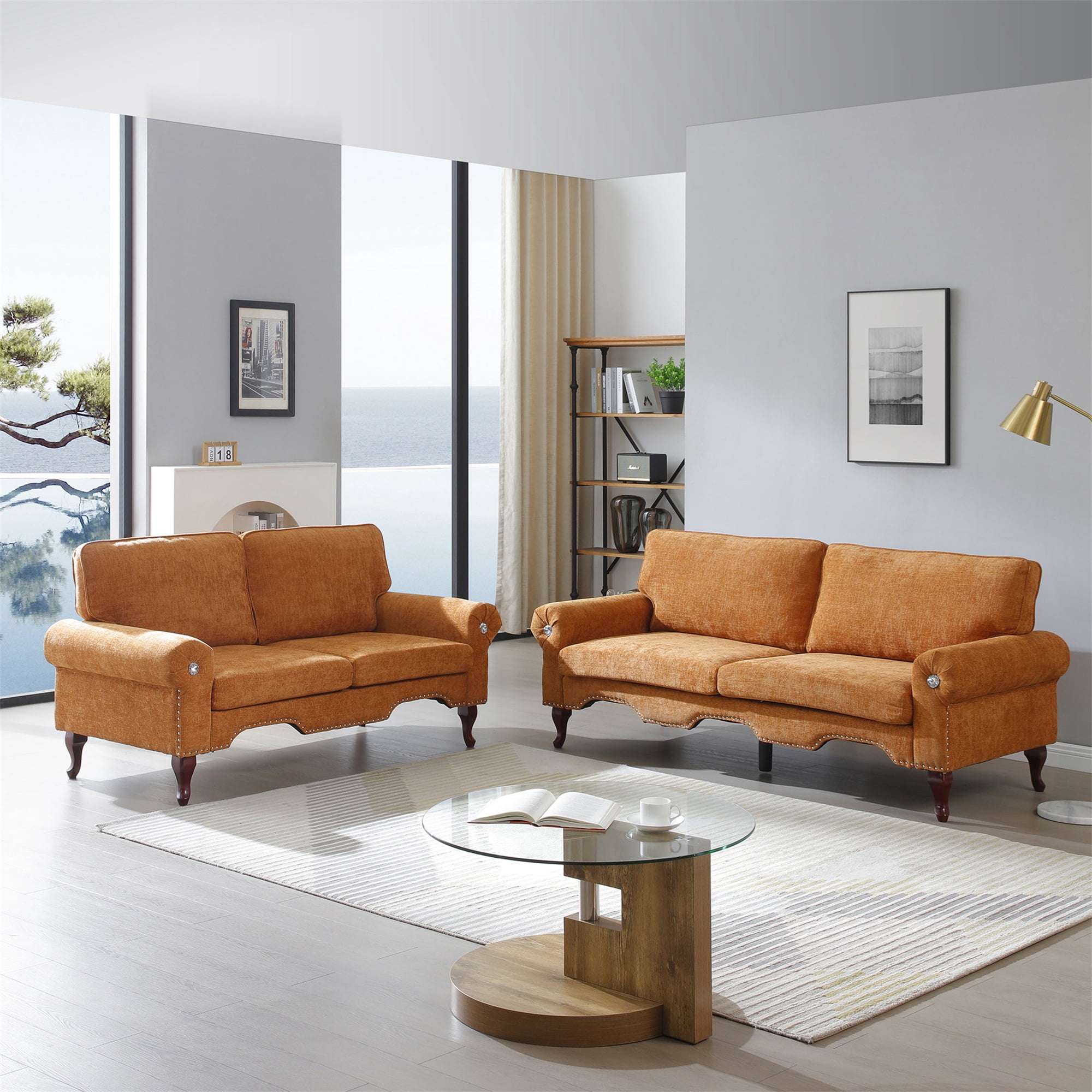 Aukfa 66" Small Sofa Deep Seat Couch with Crystal Button&Copper Nail, Roll Arm, Linen, Orange