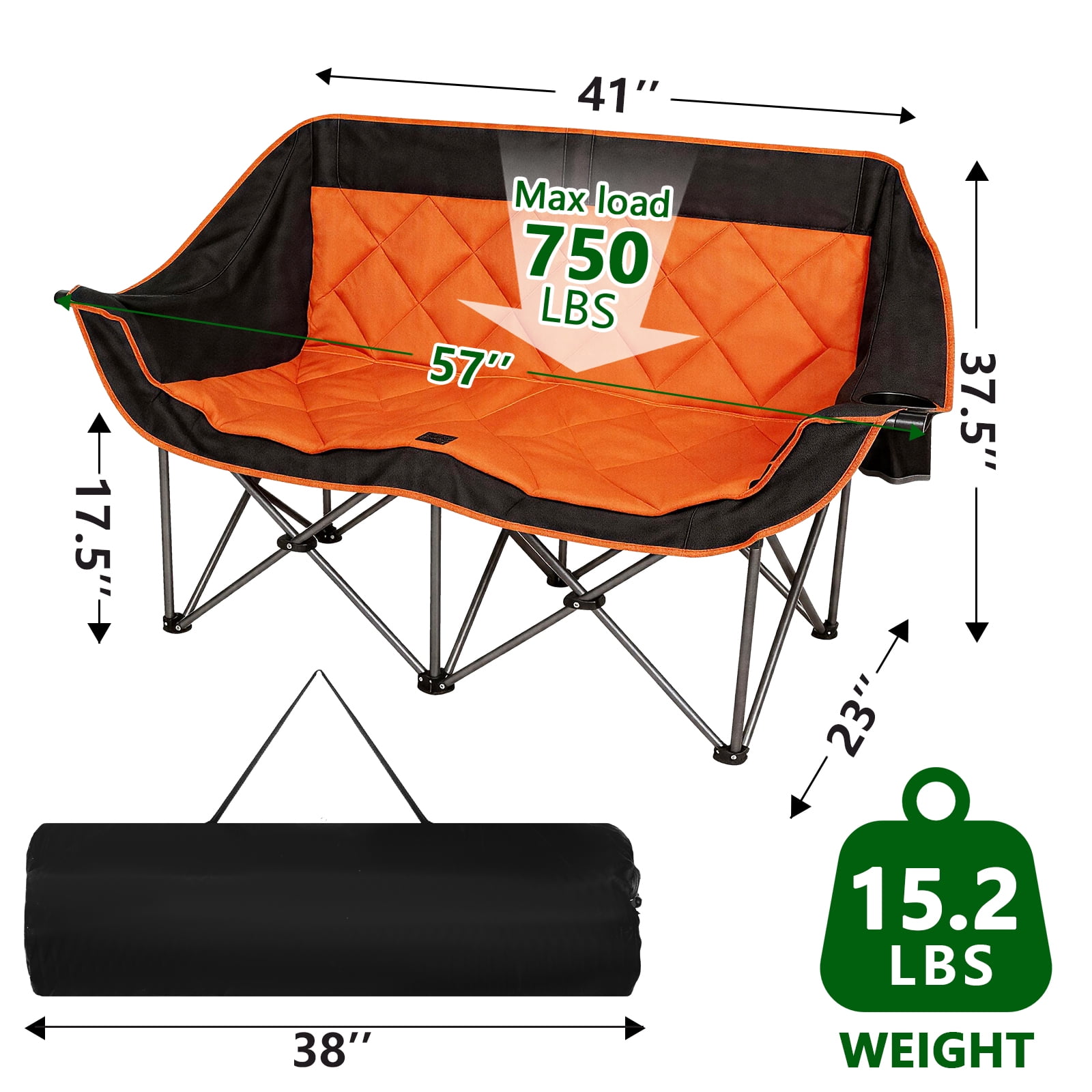 SUNSPIRE Oversized Camping Chair 2 Person Loveseat Heavy Duty Folding Outdoor Couch 750 lbs Padded Double Duo Sofa with Cup Holders Orange