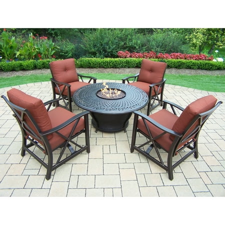 Fire Pit Table And Chairs Premium Carolton 5-piece Chat set with 48-inch Round Fire Pit Table, Burner system, Cover, 4 Rocking Chairs, and Cushions ()