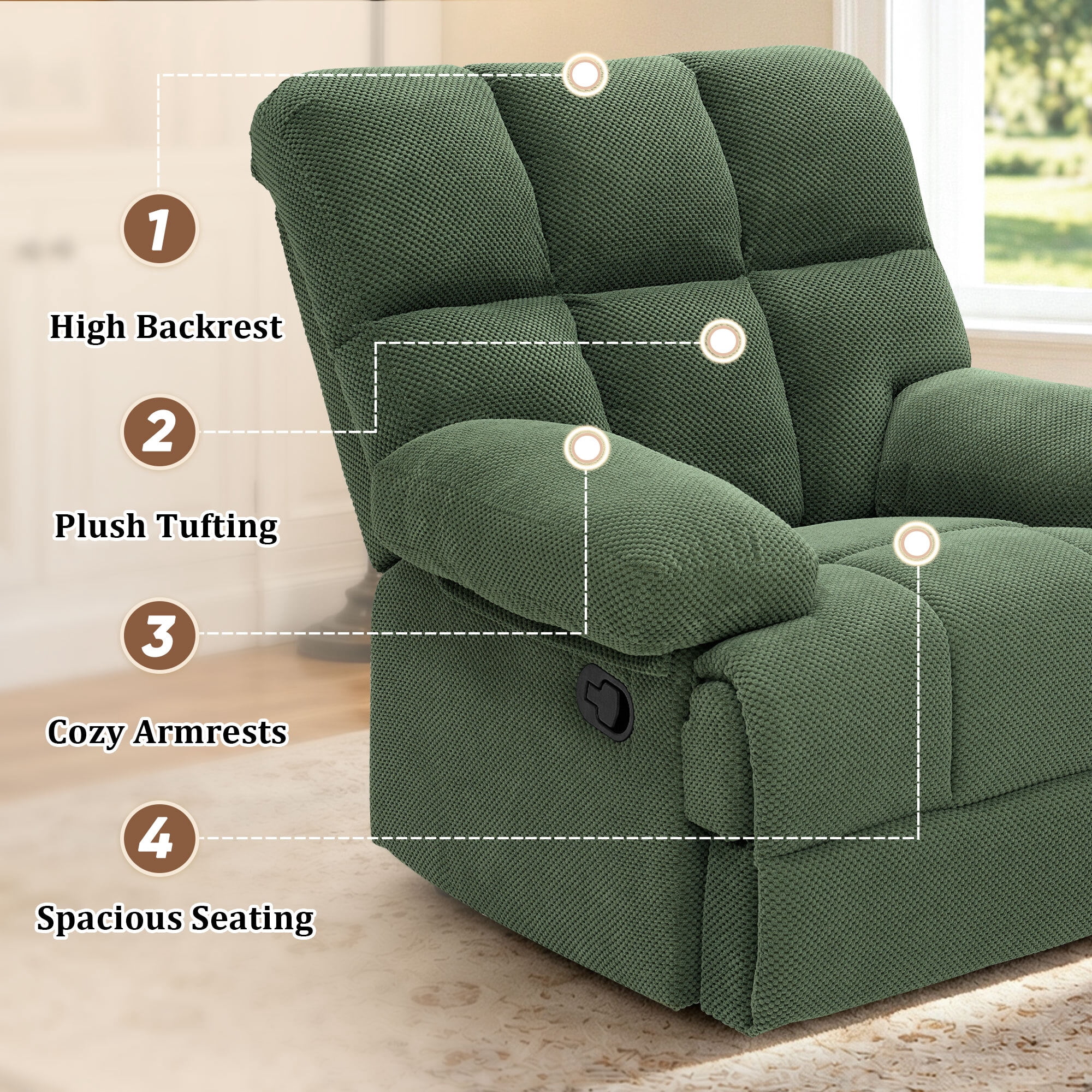 Lunale Manual Rocker Recliner for Home/Office, Adults Fabric Reclining Lounge Chair with Footrest, Green Polyester