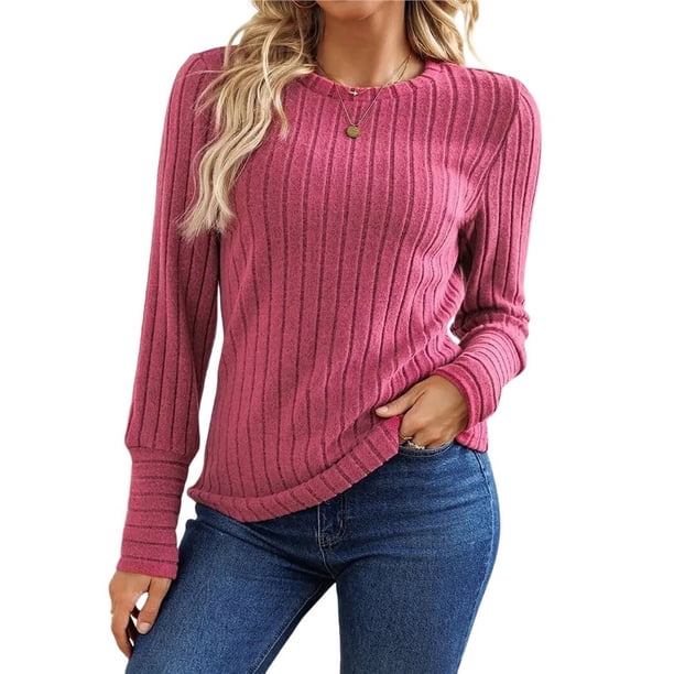 Camisas de Larga para Mujer, Tops de Moda de Otoño, Suéteres Elegantes de Cuello Redondo, Túnicas, Ropa de Invierno, Conjuntos Casuales Rojo Rosa M