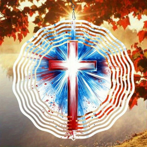 Cross-Shaped Metal Wind Chime (Red-White-Blue Swirling, Wind-Powered) | Outdoor Decor  Wind-powered automatic spinner  | Ideal Halloween & Christmas Gift