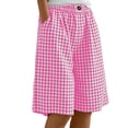 thumbnail image 2 of Vivianyn HD Women's Gingham Plaid Shorts, Elastic Waist Button Casual Loose Fit Knee Length Bottoms,Hot Pink,Size S-XXXL, 2 of 9