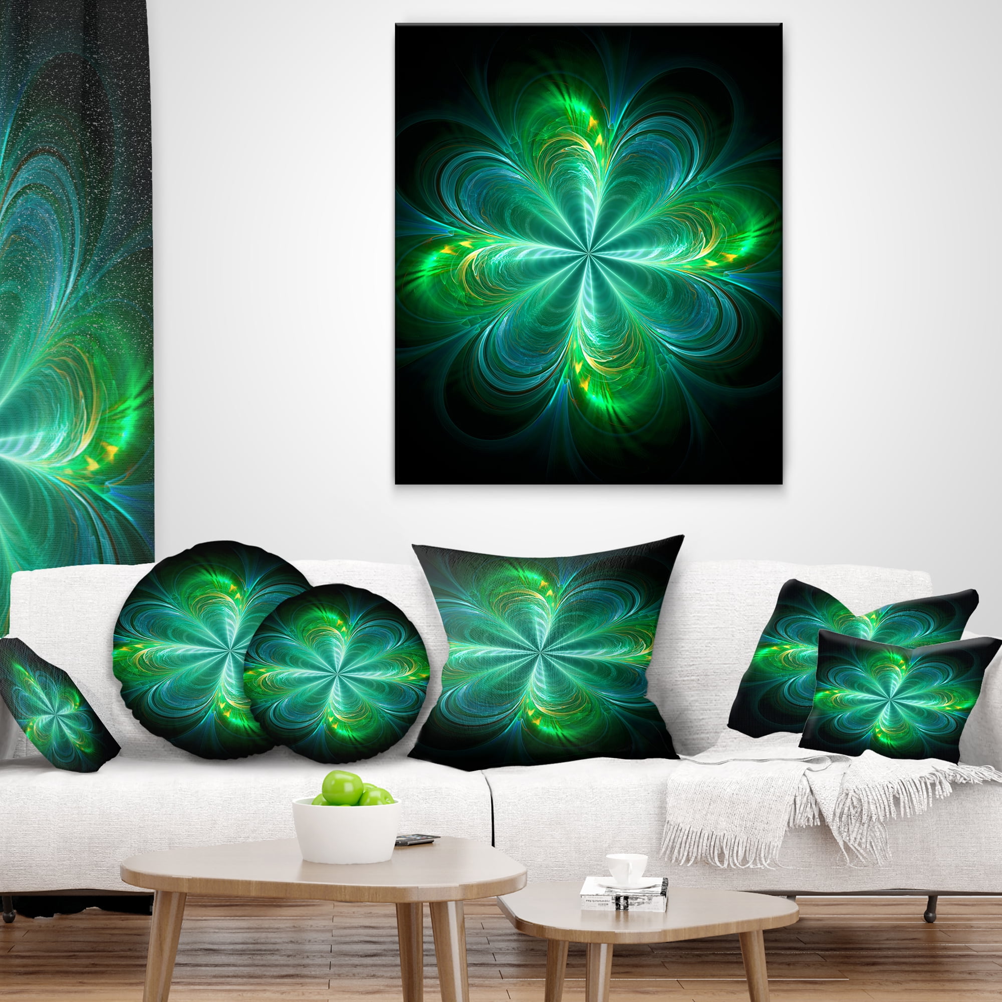 Designart Green Fractal Flower Blooming - Abstract Throw Pillow - 18x18