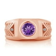 thumbnail image 2 of Gem Stone King 1.73 Ct Round Purple Amethyst White Diamond 18K Rose Gold Plated Silver Men's Ring, 2 of 5
