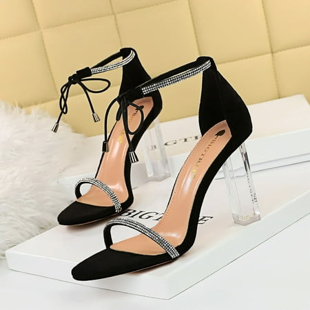 

Women‘s Ankle Strap Sandals Transparent Chunky Heeled Open Toe Faux Rhinestone High Heels Women‘s Fashion Bow Tie Pumps