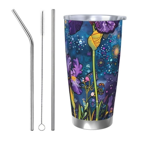 

Cauagu Cosmic Purple Irises Pattern 20oz Tumbler Stainless Steel Vacuum Insulated Tumbler with Lid Insulated Coffee Mug Thermal Cup with Splash Proof Sliding Lid-Straw Three-piece Set