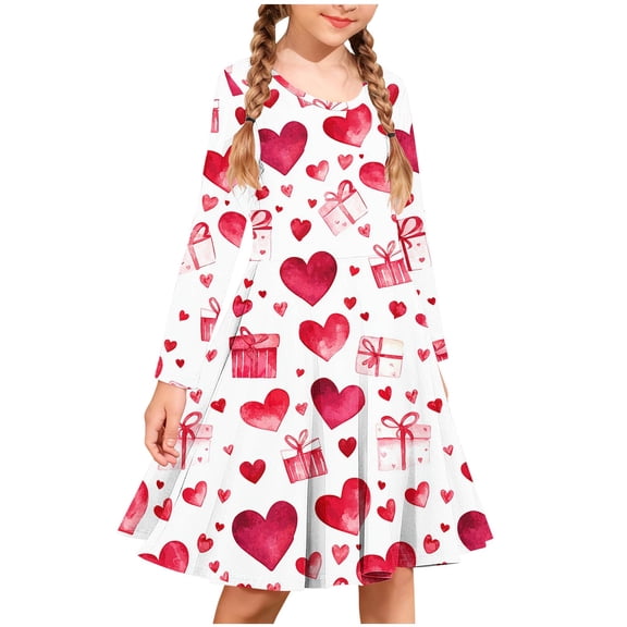 ATOGUTA Dress Girl Long Sleeve T-Shirt Dresses Valentines Kids Spring A-Line Twirly Skater Dresses Size 4T-14, Red