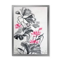 Designart 'Pink Vintage Lotus Flower and Monochrome Leaves' Traditional Framed Art Print