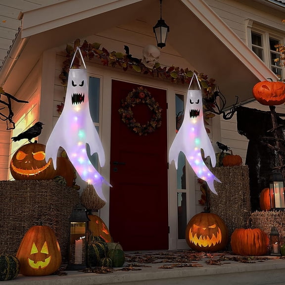 2 Pack Halloween LED Ghost Windsock Hanging Decorations, 49 Inch Light‑Up Ghost Wind Sock Flag, Waterproof Halloween Hanging Ornament for Yard Patio Garden Porch Outdoor Party Decor