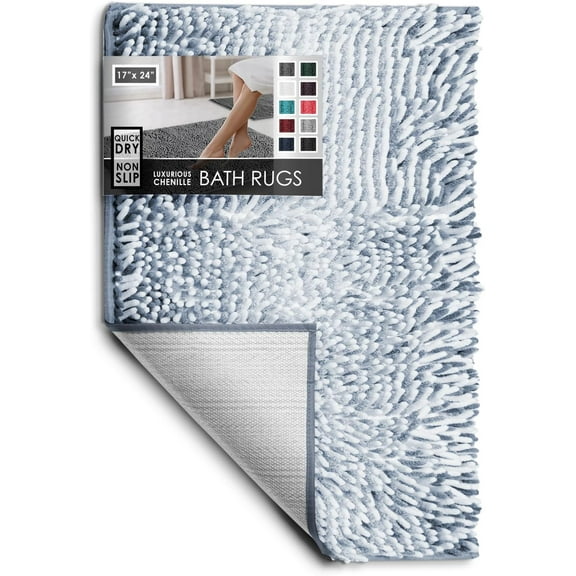FFHAAD-Bathroom Rugs, Chenille Bath Mat - Machine Washable Bath Mats for Bathroom Non-Slip Backing Rubber, Quick Dry Bathroom Mat, 17 x 24 - Ombre Blue