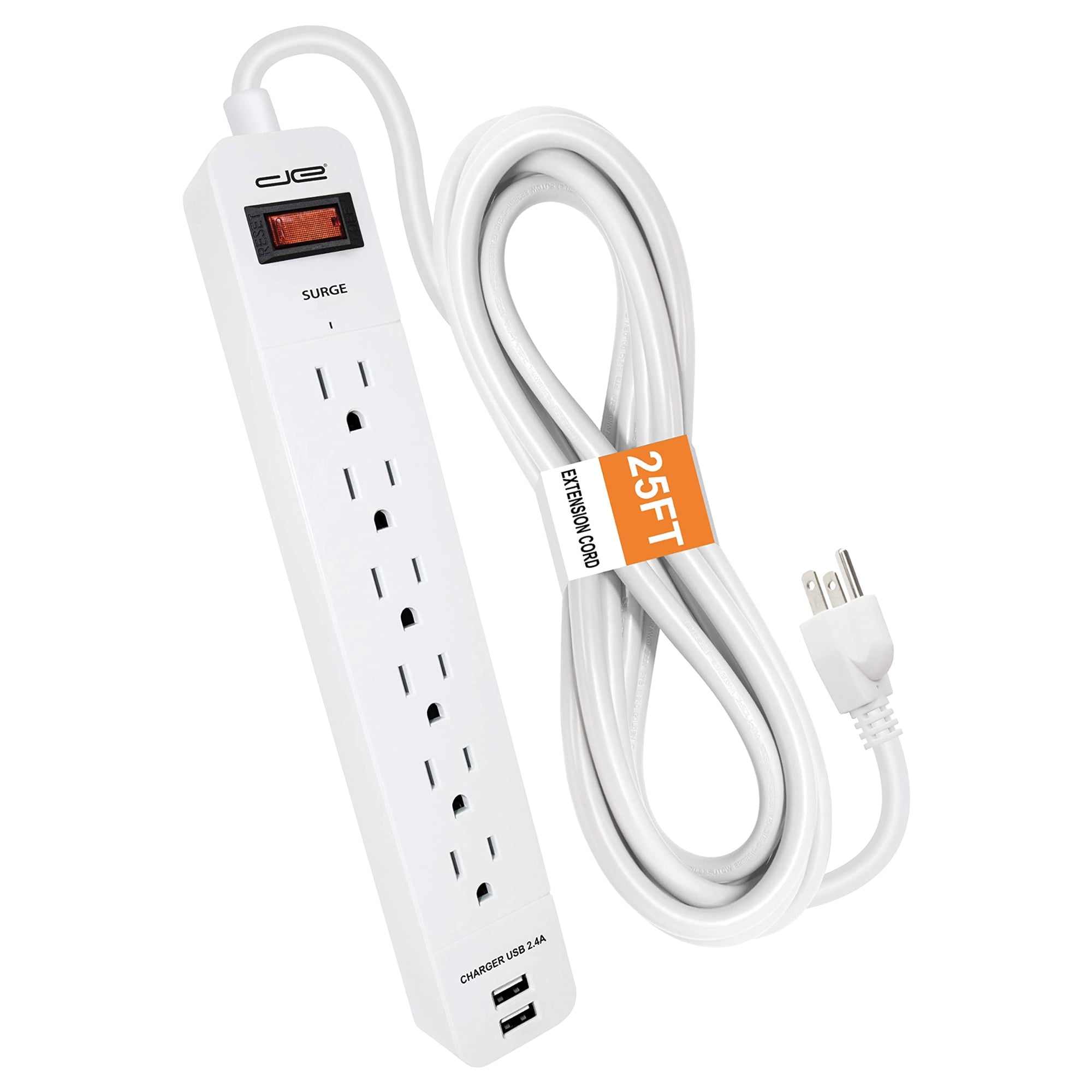 Digital Energy 6-AC Outlet and 2-USB Port 1 050-Joules Surge Protector Power Strip with Straight Plug 25 Ft. White