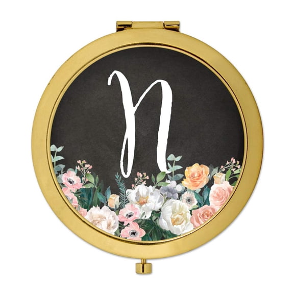 Koyal Wholesale Gold Compact Mirror Bridesmaid's Wedding Gift, Peach Flower Florals on Chalkboard, Monogram Letter N