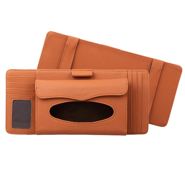 Visera multifuncional caja de pañuelos con textura de litchi, ranura para tarjeta, lápiz, organizador de CD para automóvil, vehículo (naranja)