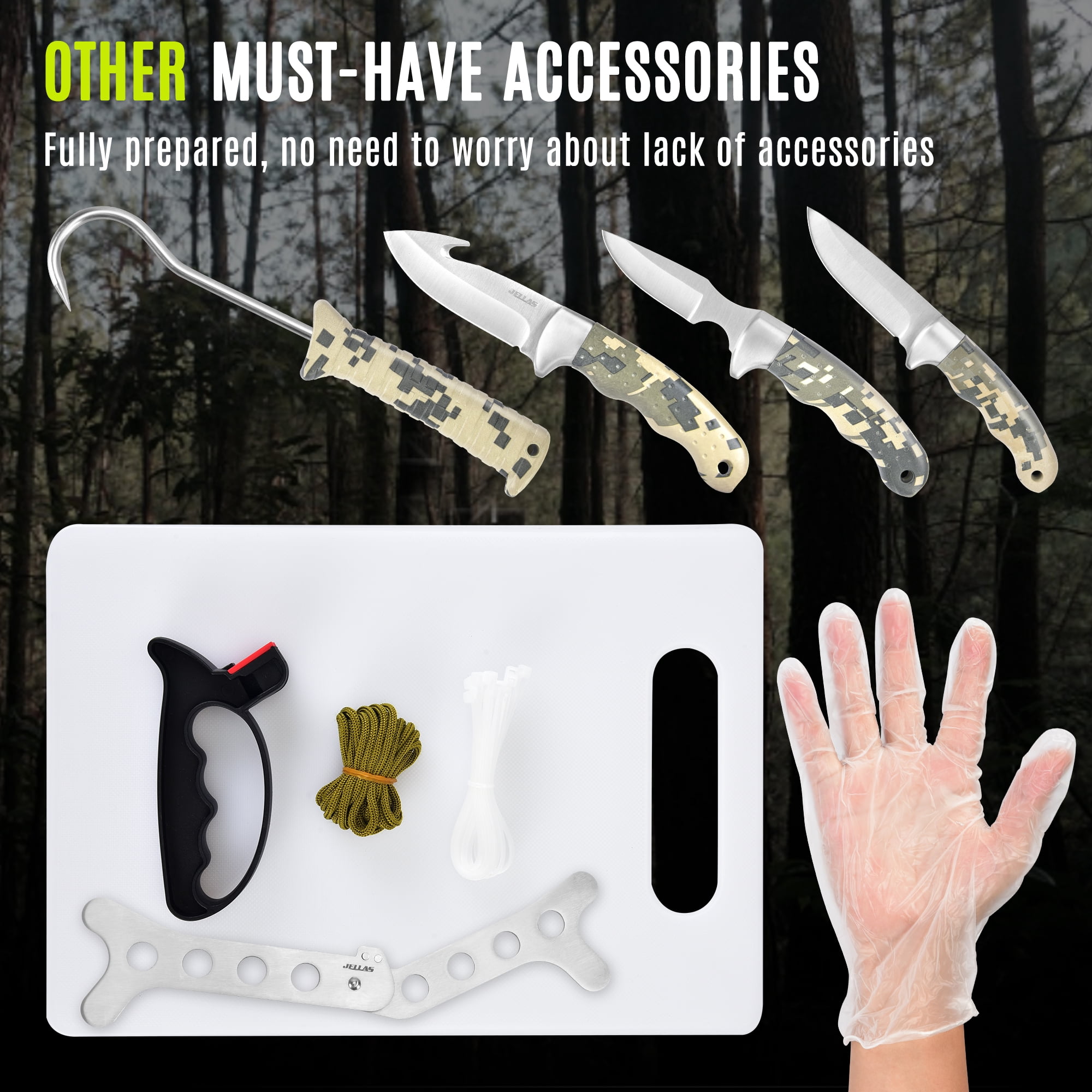 Jellas 14 Pieces Deer Hunting Knife Set with Storage Case, Butcher Kit, Fixed Blade Skinning Knife for Camping, Fishing