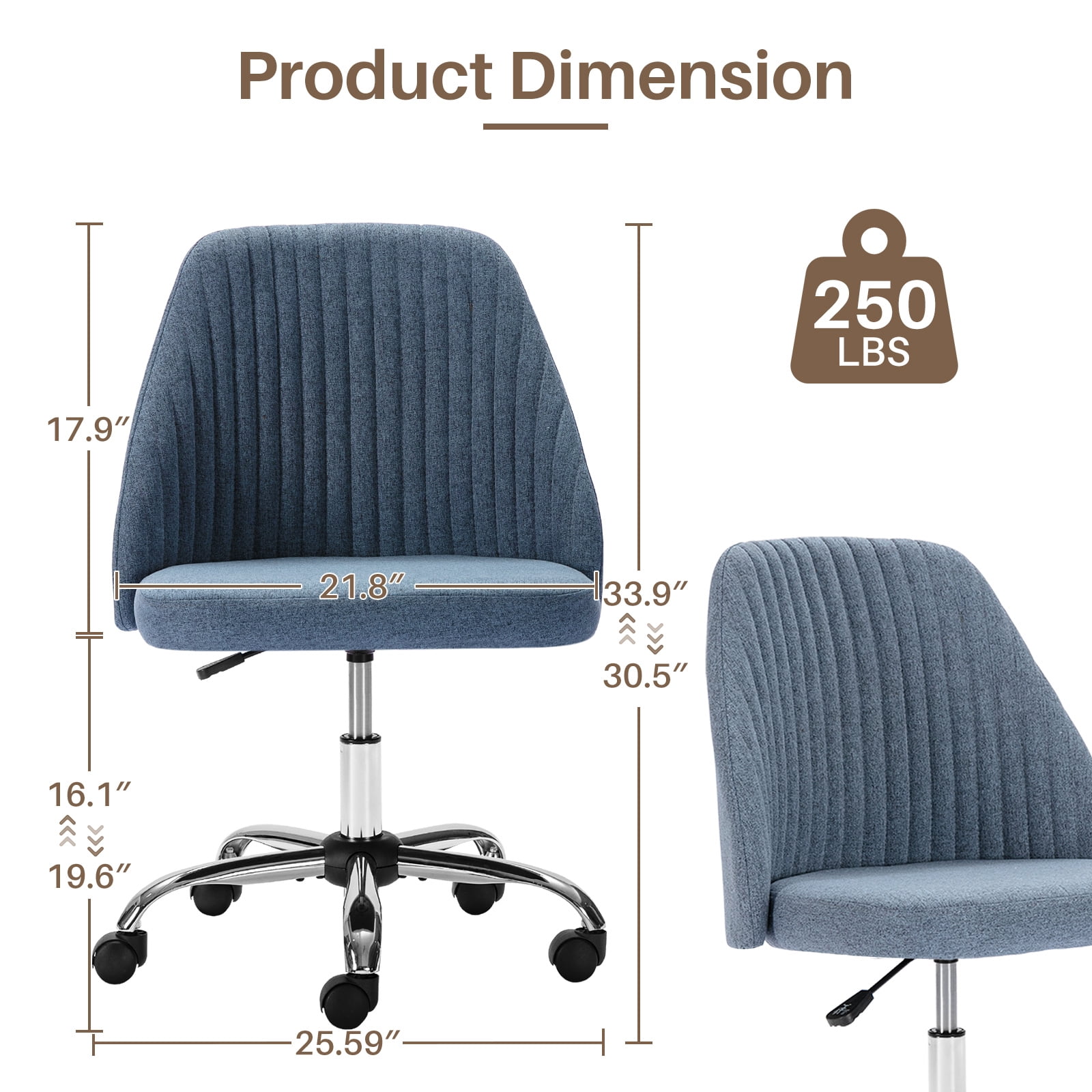 Colorful Linen Desk Chair, Comfy Thick Seat with Swivel Wheels, Armless Task Chair, Blue