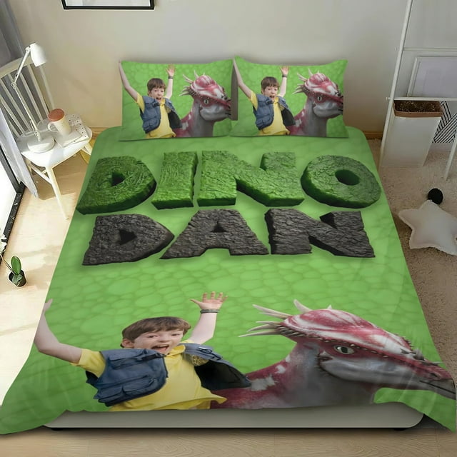Dino Dan Conjunto de sábanas temático, trío de piezas, cómodo y amigable con la piel, diseño único, regalo de decoración para el hogar para familiares, amigos y fans, 90 cm * 190 cm