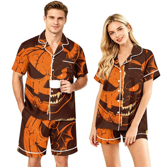 JULMCOMO Halloween Matching Pajamas for Couples Pumpkin Devil Print Short Sleeve Soft Party Two Piece Sets Loose Fit Holiday Lounge Sets Orange-Women S