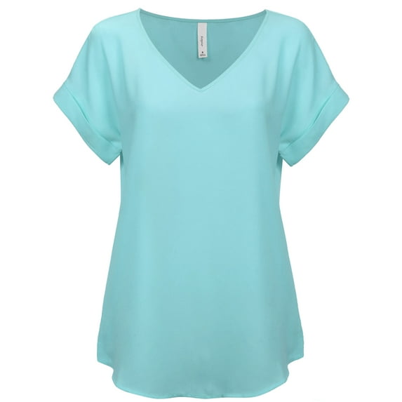 KOGMO Womens Short Sleeve V Neck Solid Woven Top Tee (S-3X)