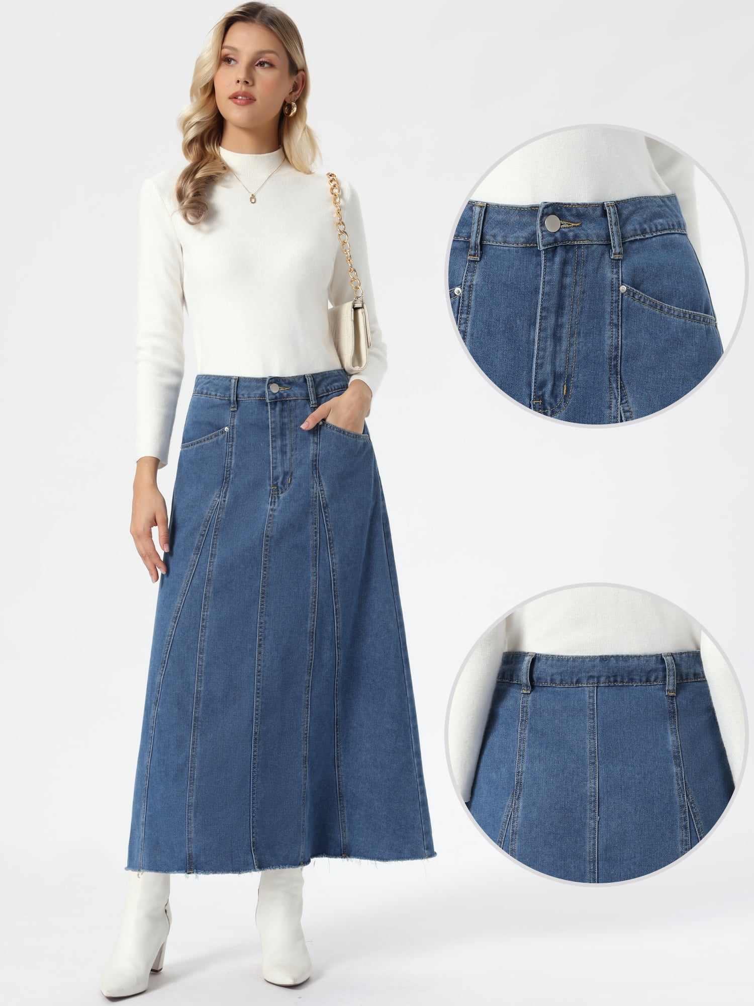 DARING DIVA Women's Denim Maxi Skirt High Waisted Flared Jean Skirts S Blue