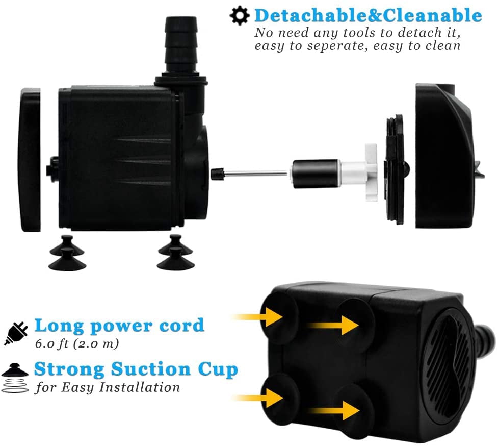 160GPH Small Fountain Pump, Ultra Quiet Submersible Water Pump (600L/H, 10Watt) with 3.3 ft Tubing for Aquariums, Pond Fountain, Water Feature, Indoor Fountains