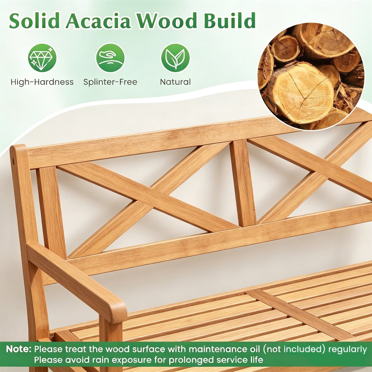 Hommoo 2-Person Patio Acacia Wood Bench, Garden Slatted Loveseat Chair Bench Lounge with Armrests and Backrest for Backyard, Natural