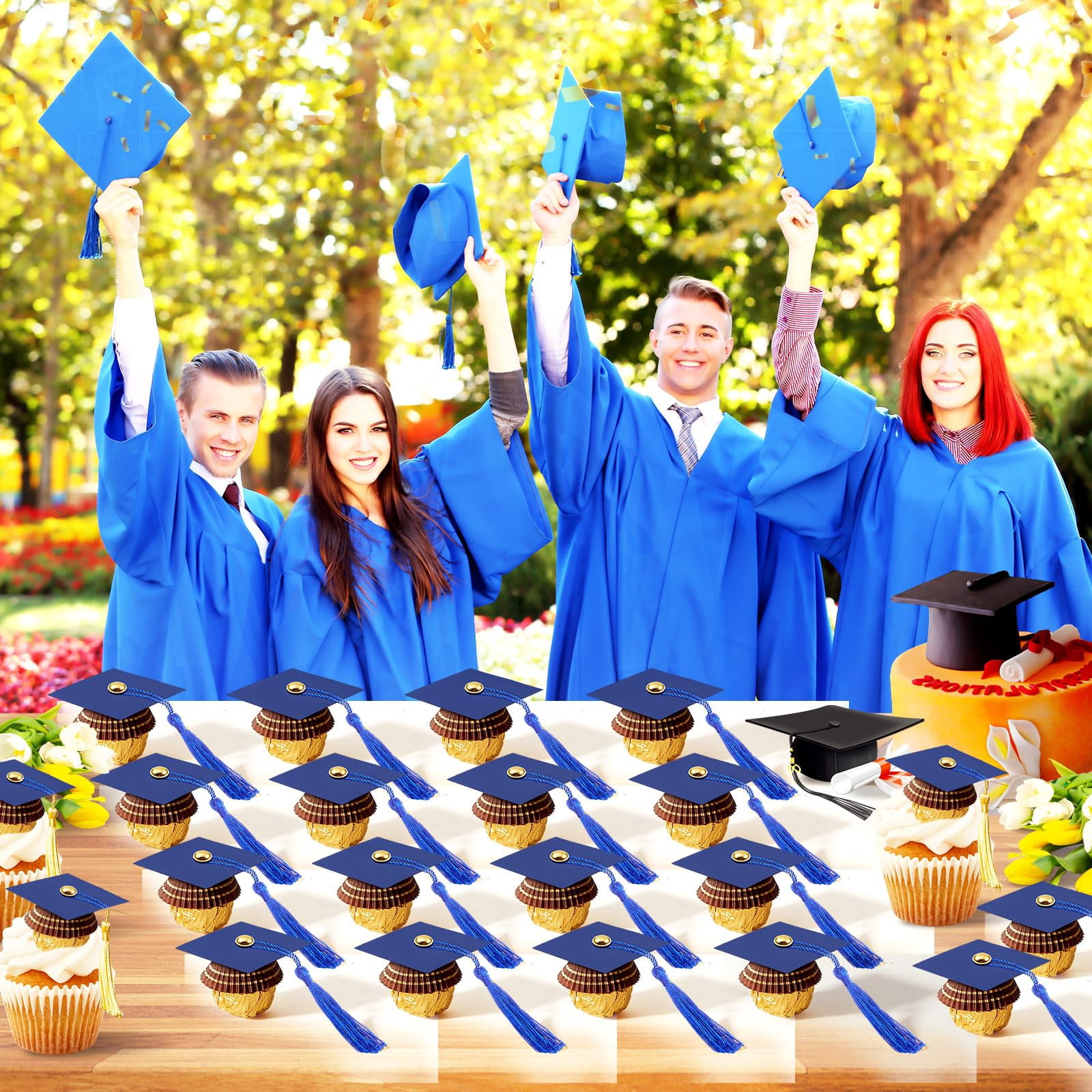 50 Dark Blue Graduation Cap Cupcake Toppers Mini Chocolate Decor for 2026 Theme Parties