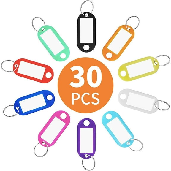 30 Pack Plastic Key Tags, Key Labels with Ring and Label Window, 10 Colors