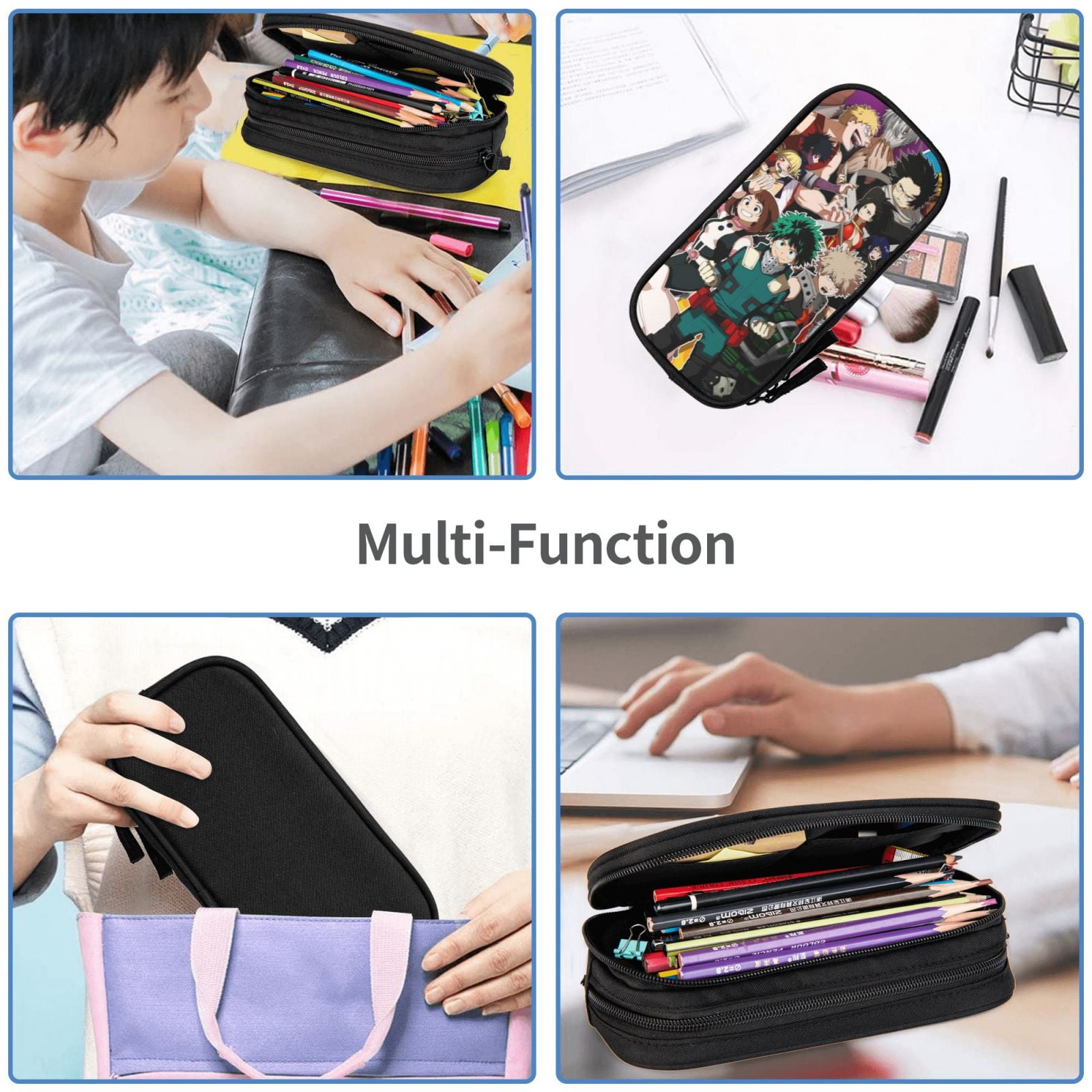 My Hero Academia Pencil Case Large Capacity Pencil Pouch Pen Bag Office Stationery Organizer Travel Makeup Bag Black