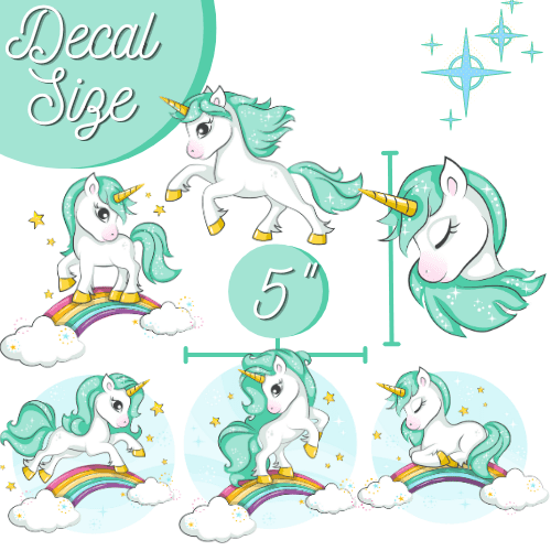 Glow in The Dark Unicorn Wall Decals(Teal) - Quality Peel and Stick Vinyl Stickers - Wall Decor for Kids & Classroom – Set of 96 Glowing Unicorns, Rainbows, Hearts, & Stars