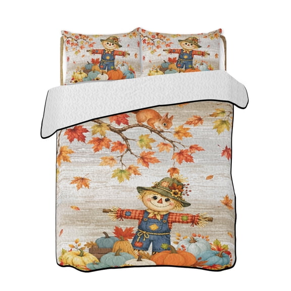 Quilts Queen Size Bedding Set, Fall Scarecrows Reversible Summer Quilt 3 Pieces, Thanksgiving Autumn Pumpkins Leaves Brown Lightweight Bedspreads Coverlets with 2 Pillow Shams for All Seasons