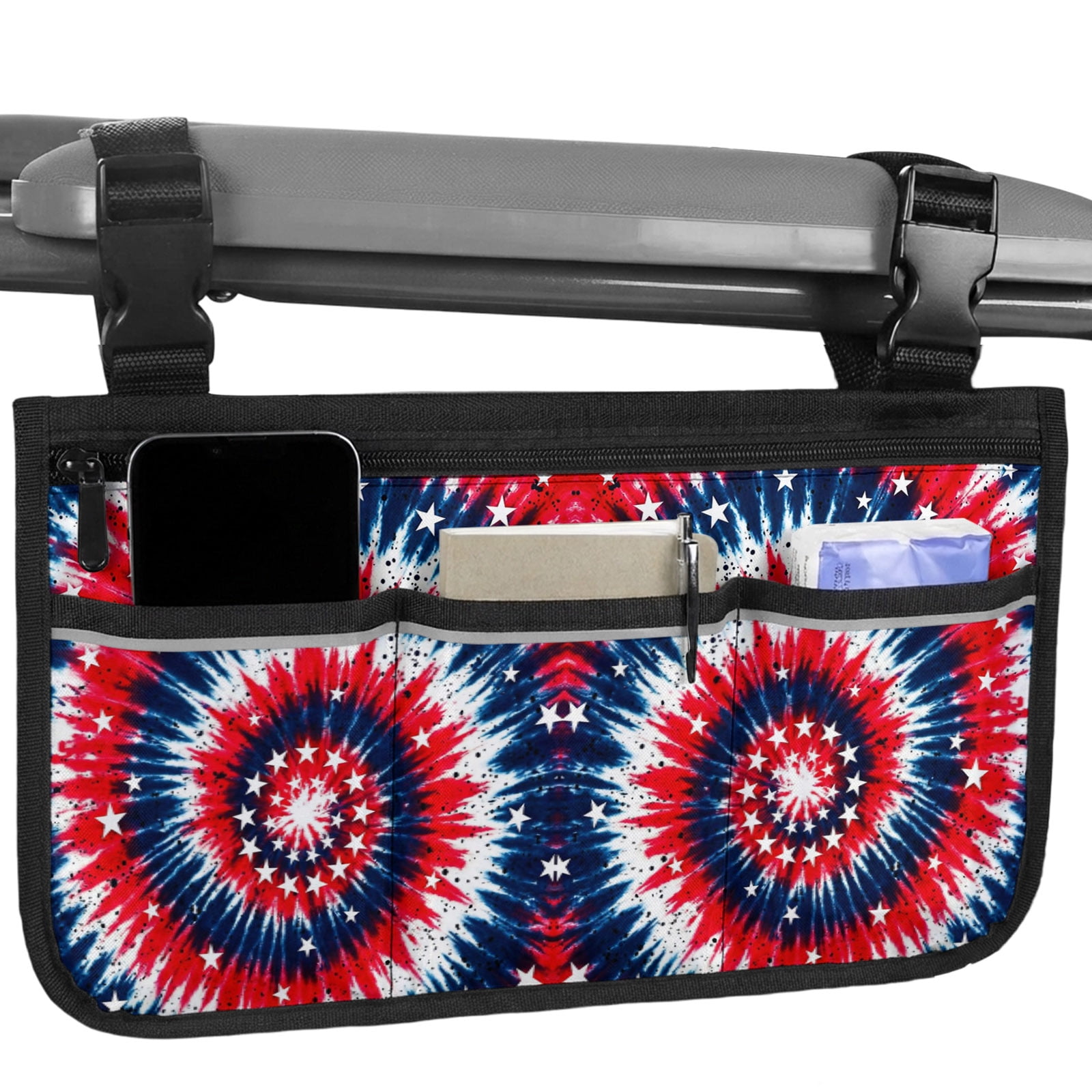 Blue Red Tie-dye Wheelchair Bag with Cup Holder Bag with Reflective Stripes for Seniors Electric Wheel Chair Accessories for Adults Independence Day Stars Abstract Wheelchair Side Bags for Rollator