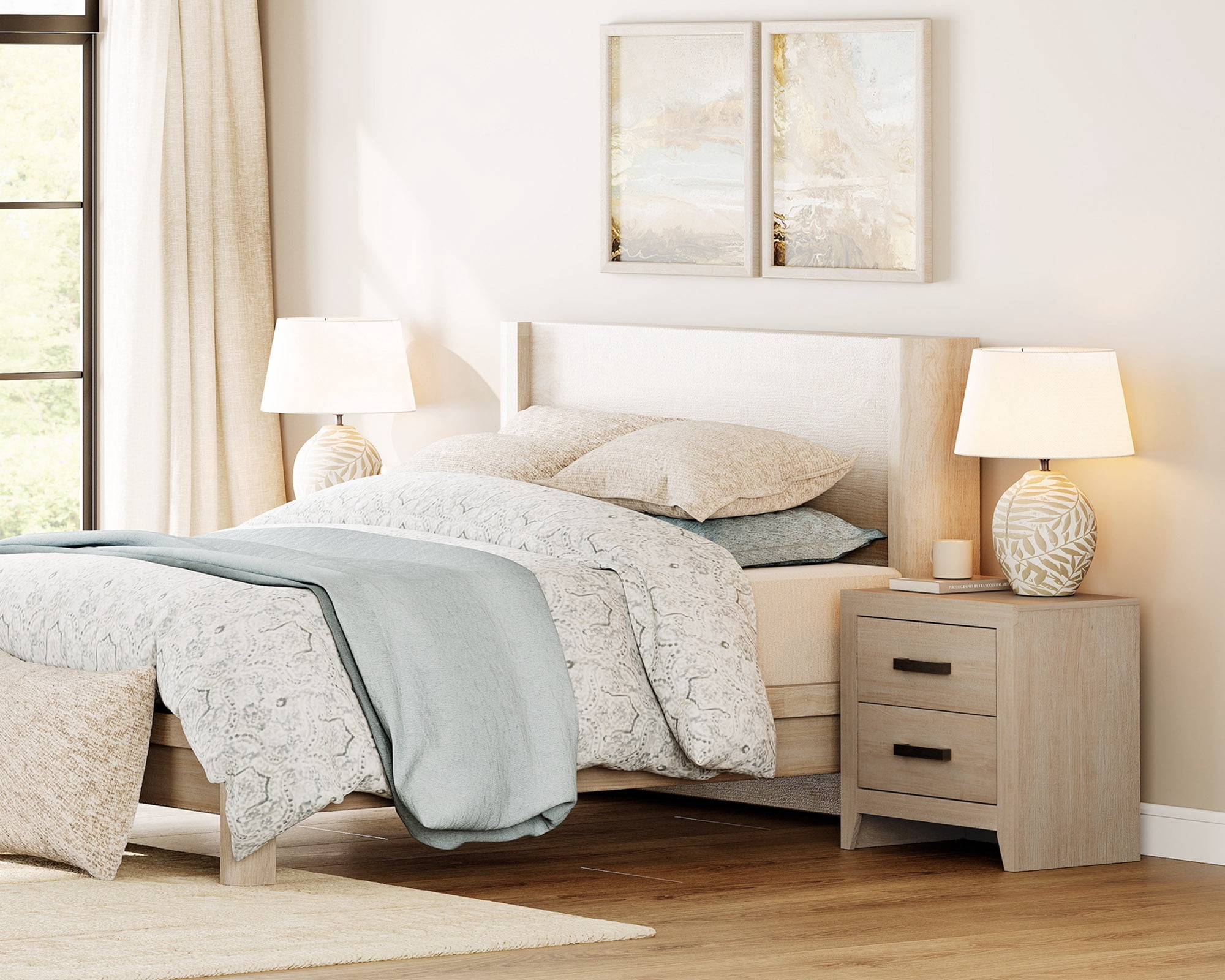 Set of 2 Farmhouse Rustic Wooden Nightstand With 2 Smooth‑Glide Storage Drawers,Solid‑Base Bedside End Table,Multi‑Purpose Accent Side Cabinet For Bedroom,Living‑Room,Beige