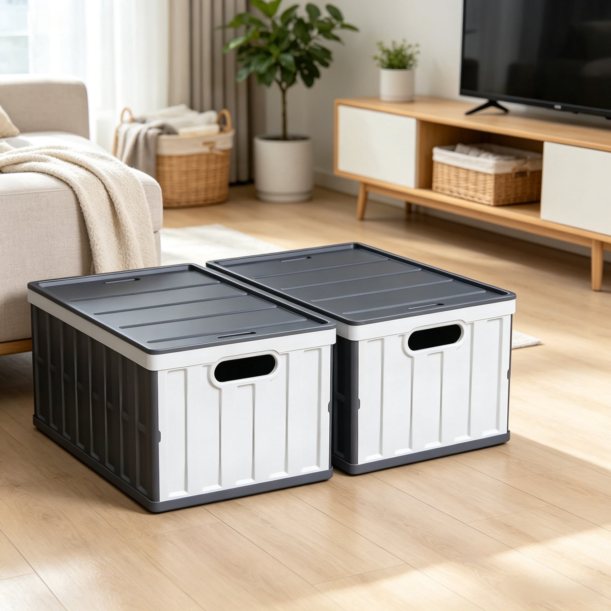 2 Pack 65L Collapsible Storage Bins with Lids, Stackable with Handles, Holds 84 lbs Each, Heavy Duty Plastic, Space-Saving Home Organizer