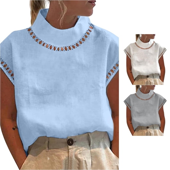 ZHOGXU Womens Summer Tops Short Sleeve High Neck Solid Color Comfortable Soft Summer Blouse Basic Tees For Casual Daily Wear,Blue,L