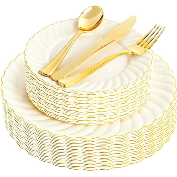 125PCS Ivory Scalloped Plastic Plates With Gold Dinnerware Set For Parties
