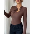 thumbnail image 4 of Women's Metal Ring Long Sleeve Asymmetrical Neck T Shirt Slim Fit Ruched Going Out Tops Brown XXL, 4 of 8