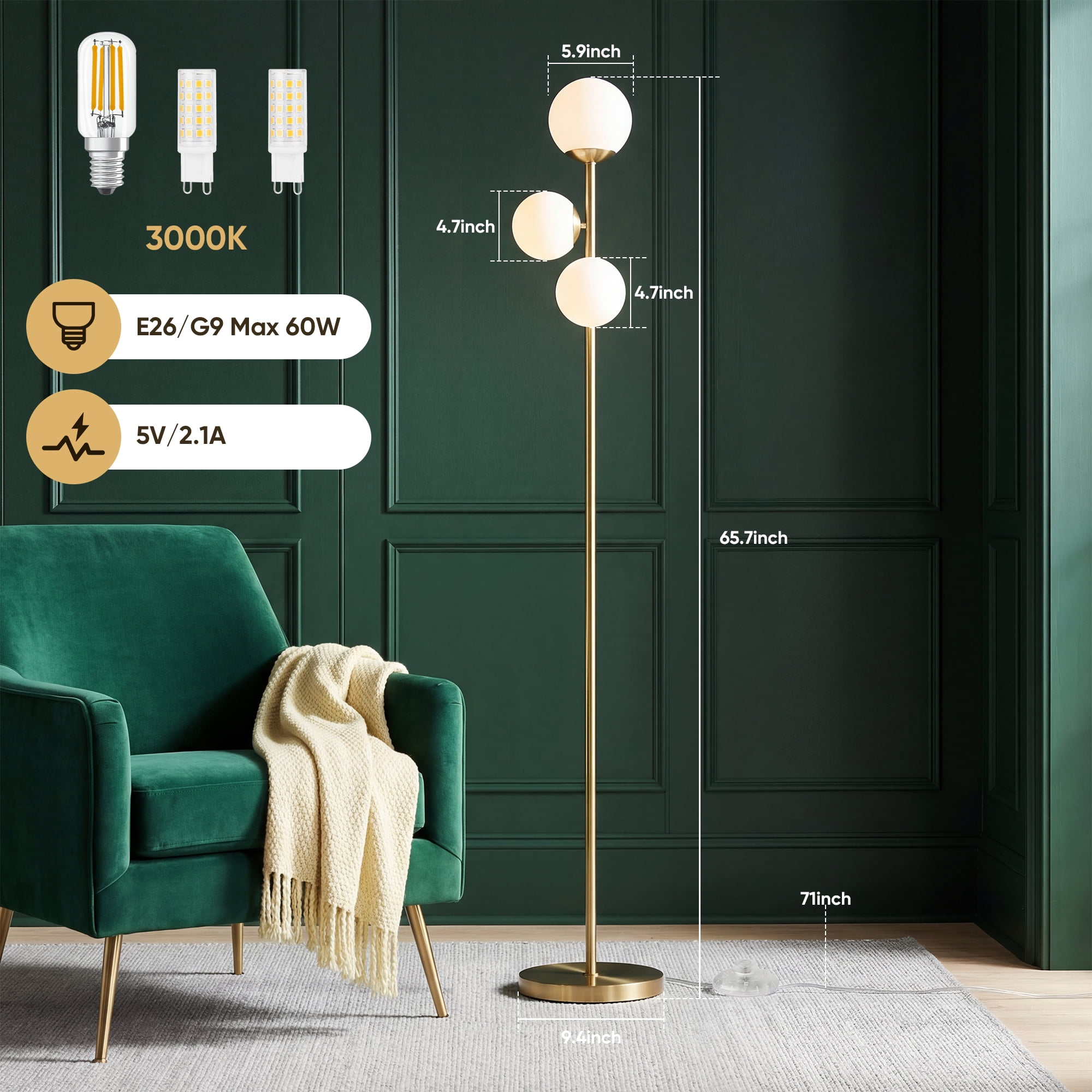 65.7in Gold 3-Light Globe Floor Lamp Modern Standing Tree Lamp with Frosted Glass Shades & Foot Switch for Living Room Bedroom