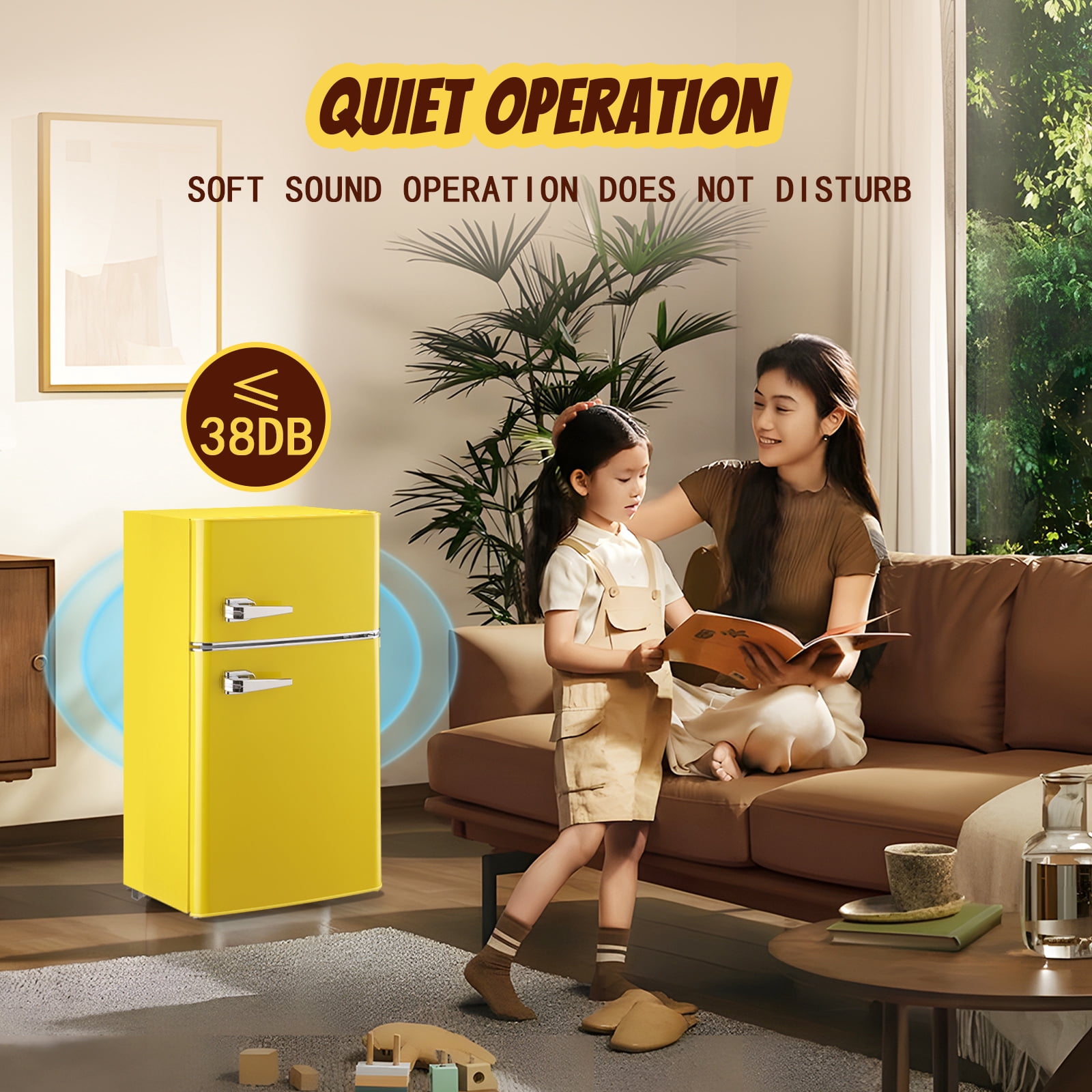 TACOOL Retro Yellow Mini Fridge with Handle Dual Door 3.5Cu.ft Samll Refrigerator with Freezer For Home