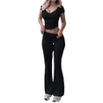thumbnail image 2 of LYMAYTER Women's Casual Sets V-Neck Short Sleeve Top Foldover Flare Pants 2-Piece Outfit‌ S-XL, 2 of 9